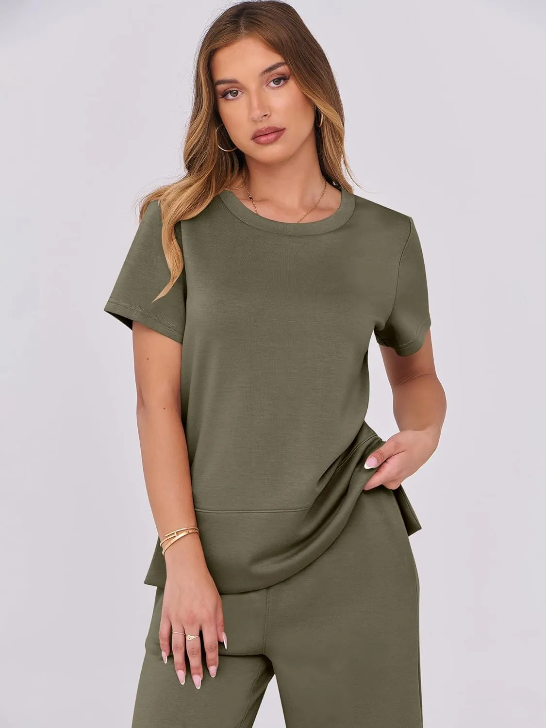 ANRABESS Women 2 Piece Lounge Sets Summer Travel Sweat Outfits Short Sleeve Wide Leg Casual Matching Tracksuits Clothes