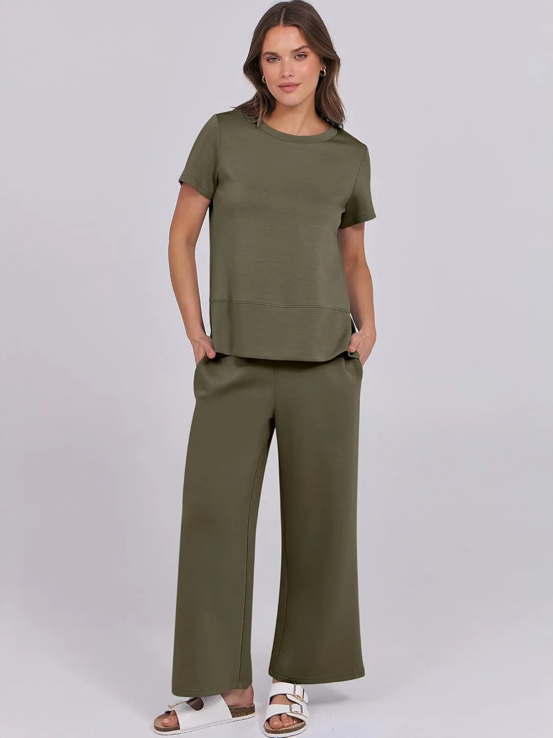 ANRABESS Women 2 Piece Lounge Sets Summer Travel Sweat Outfits Short Sleeve Wide Leg Casual Matching Tracksuits Clothes