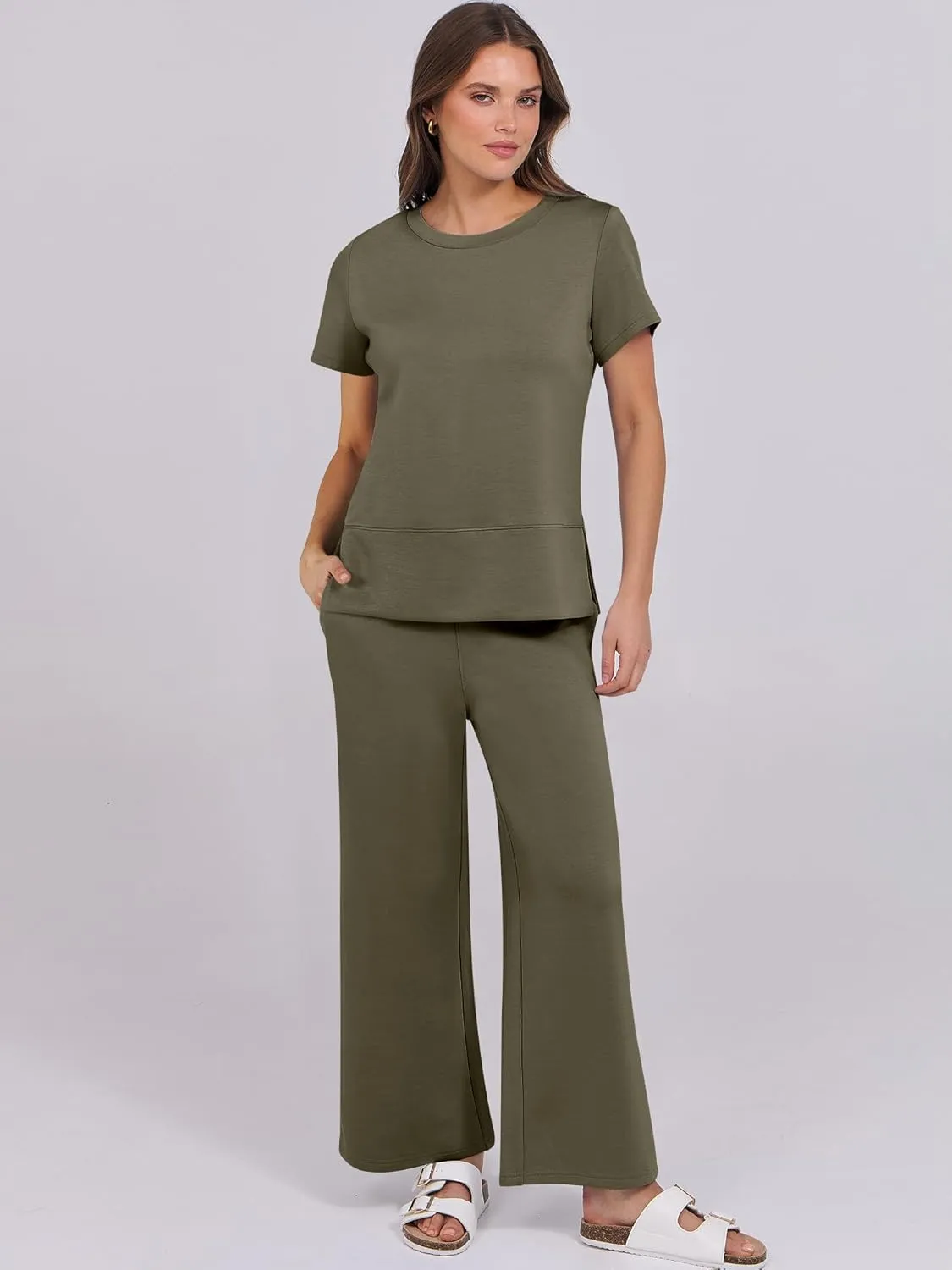 ANRABESS Women 2 Piece Lounge Sets Summer Travel Sweat Outfits Short Sleeve Wide Leg Casual Matching Tracksuits Clothes