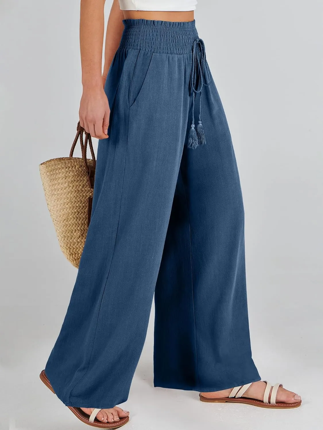ANRABESS Women's Linen Pants Summer Casual Palazzo Beach Pant Drawstring High Waist Wide Leg Trousers Vacation Outfits