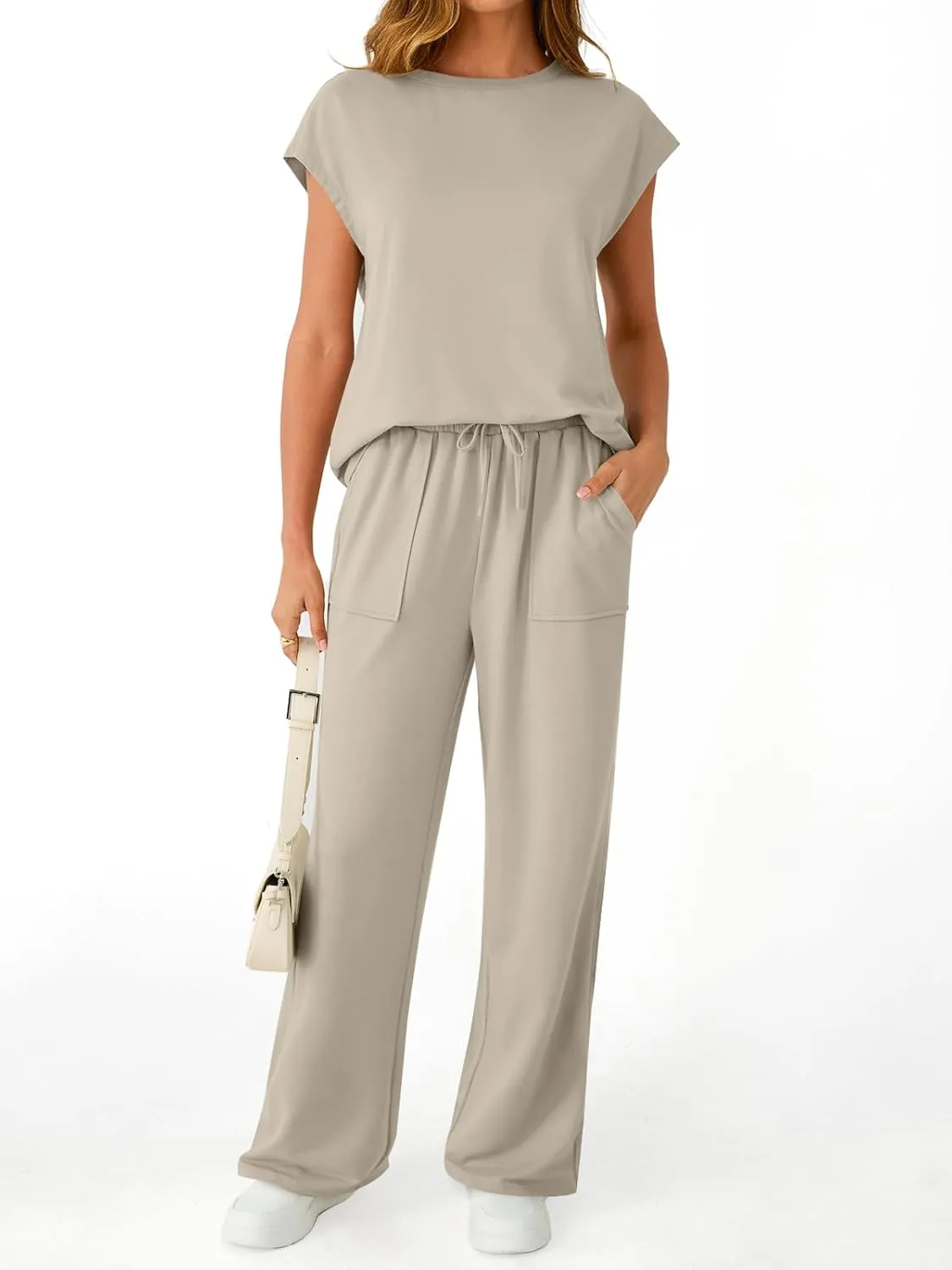 AUTOMET Women's 2 Piece Lounge Set Casual Cap Sleeve Top Wide Leg Pants Summer Vacation Outfits