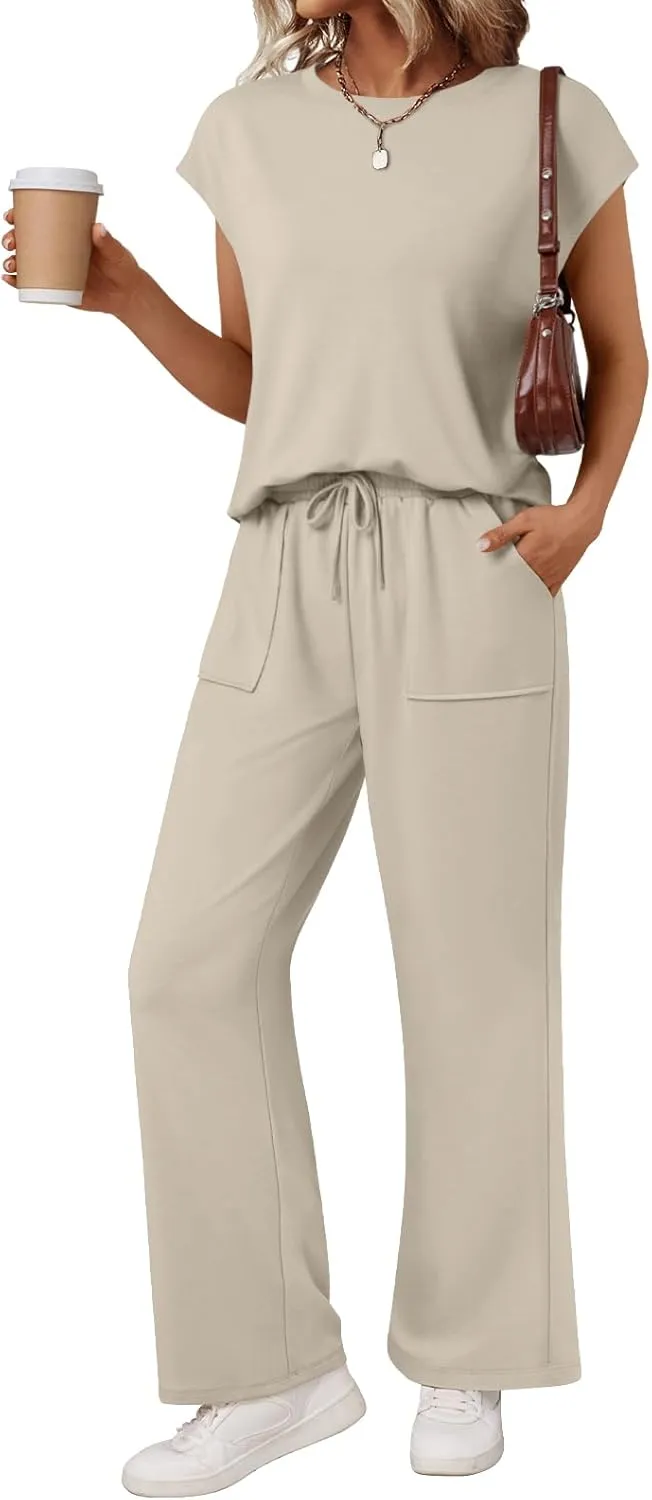 AUTOMET Women's 2 Piece Lounge Set Casual Cap Sleeve Top Wide Leg Pants Summer Vacation Outfits