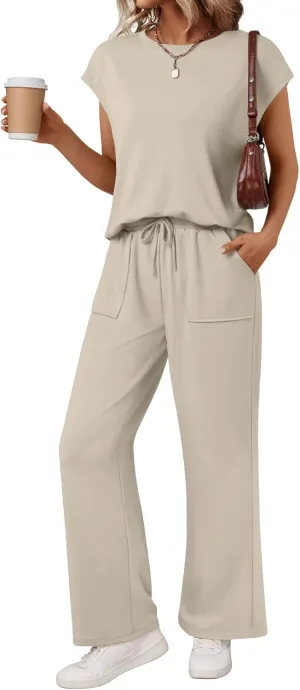 AUTOMET Women's 2 Piece Lounge Set Casual Cap Sleeve Top Wide Leg Pants Summer Vacation Outfits