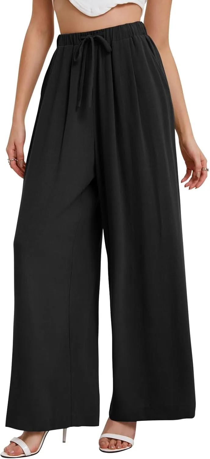 Bloggerlove Linen Palazzo Pants for Women Dressy Summer Wide Leg Flowy Pants Boho Linen Beach Trousers with Pockets