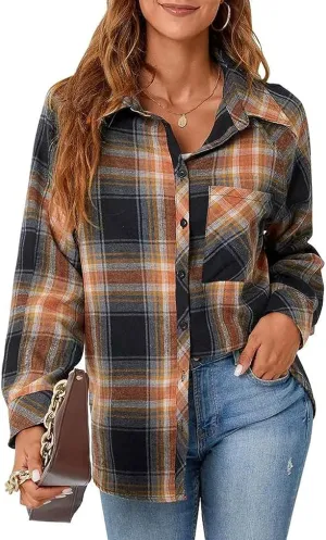 Bozanly Womens Flannel Plaid Shirts Oversized Long Sleeve Button Down Shacket Blouse Tops