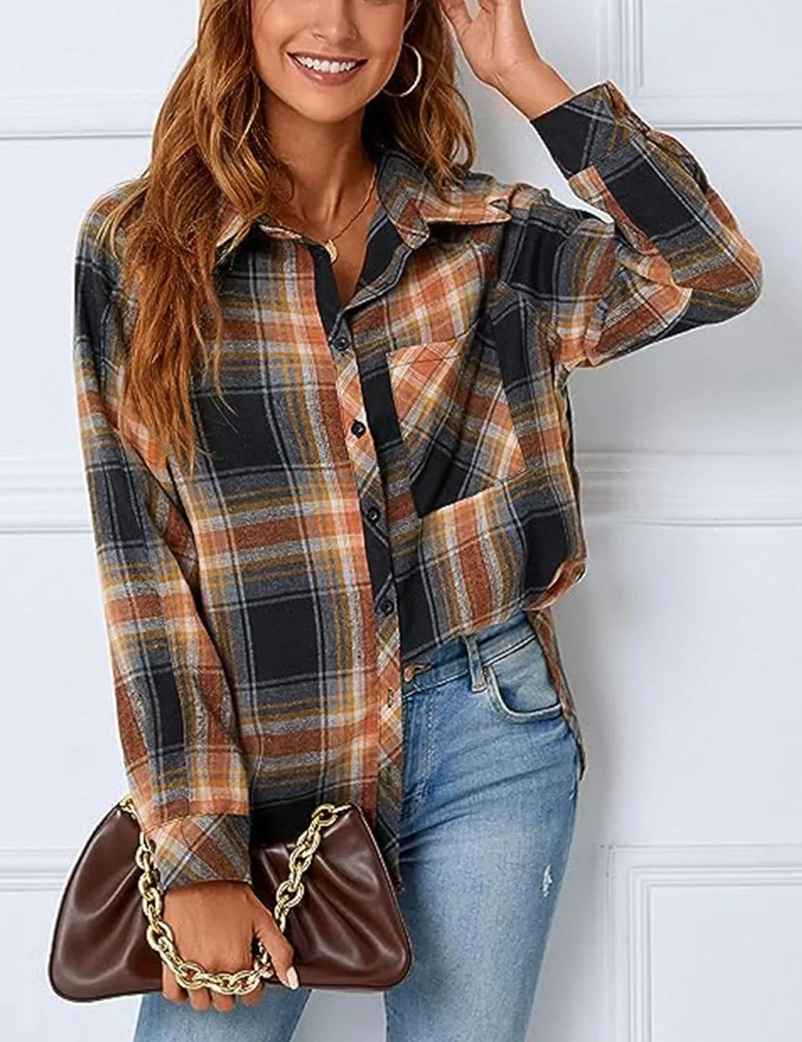 Bozanly Womens Flannel Plaid Shirts Oversized Long Sleeve Button Down Shacket Blouse Tops