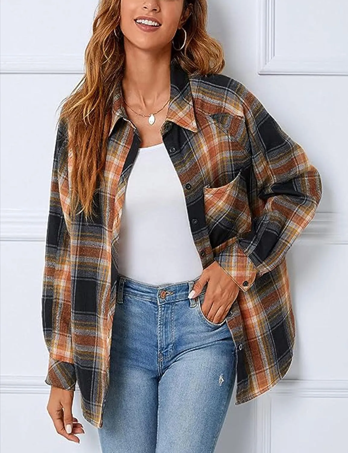 Bozanly Womens Flannel Plaid Shirts Oversized Long Sleeve Button Down Shacket Blouse Tops