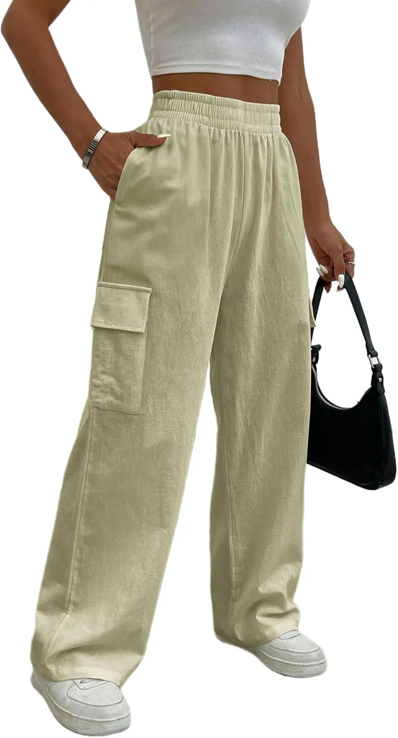 Cargo Linen Pants for Women Summer Wide Leg Palazzo Beach Pants Lightweight Women's Casual Pants with Pocket (US, Alpha, X-Large, Regular, Regular, Khaki)