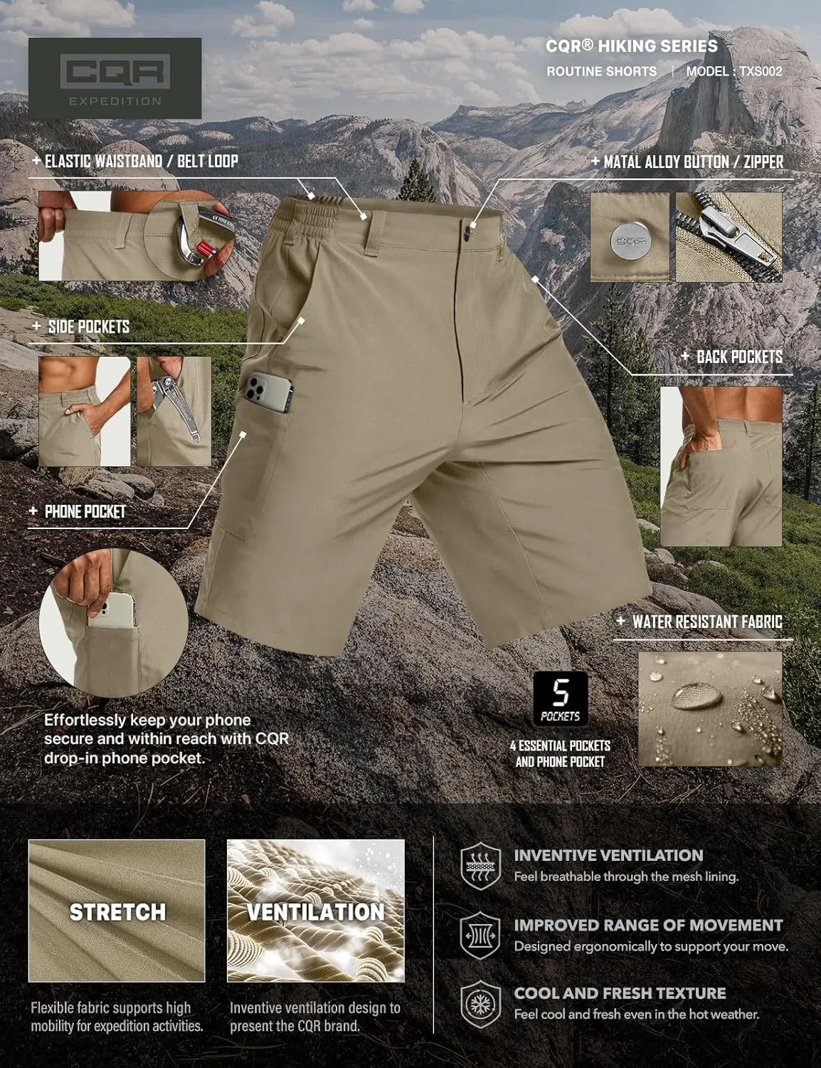 CQR Men's Quick Dry Stretch Hiking Cargo Shorts, Lightweight Water Resistant Tactical Casual, Golf & Outdoor with Pockets