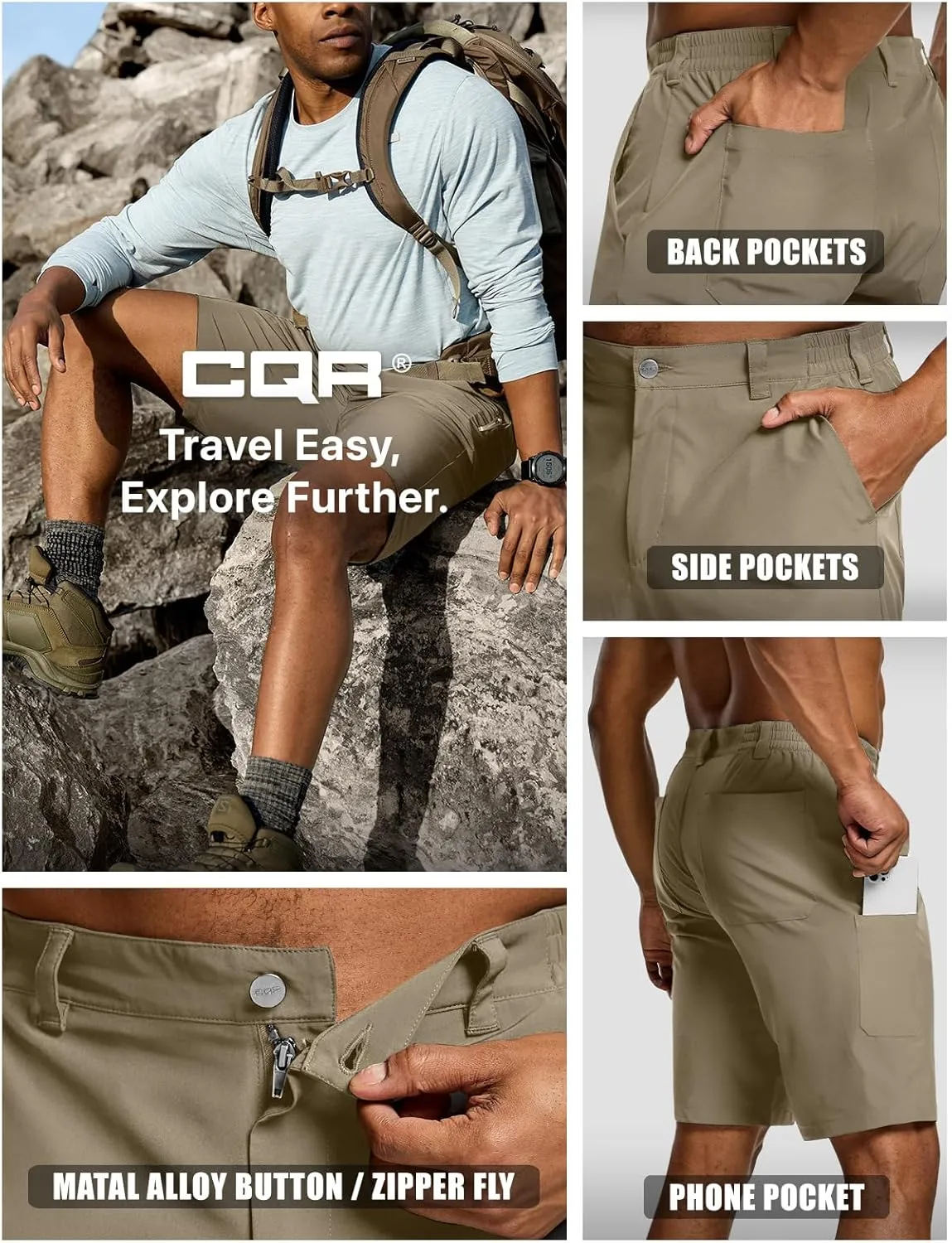 CQR Men's Quick Dry Stretch Hiking Cargo Shorts, Lightweight Water Resistant Tactical Casual, Golf & Outdoor with Pockets
