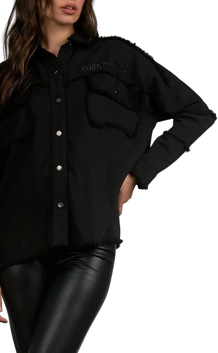 ELAN Women's Rock & Roll Distressed Button Up Dallas Jacket With Rhinestones