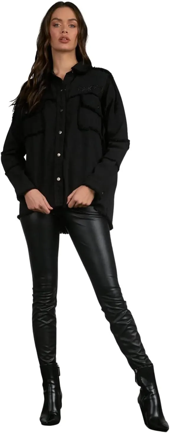 ELAN Women's Rock & Roll Distressed Button Up Dallas Jacket With Rhinestones