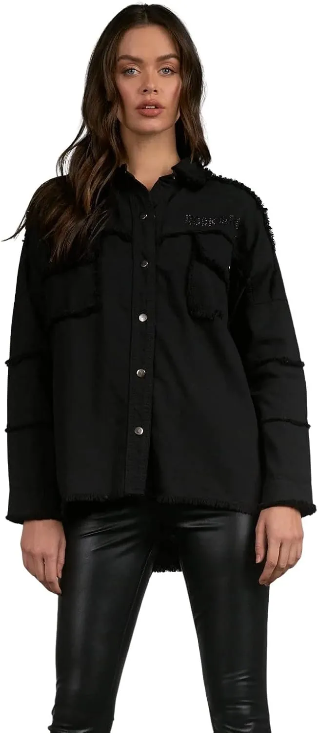 ELAN Women's Rock & Roll Distressed Button Up Dallas Jacket With Rhinestones