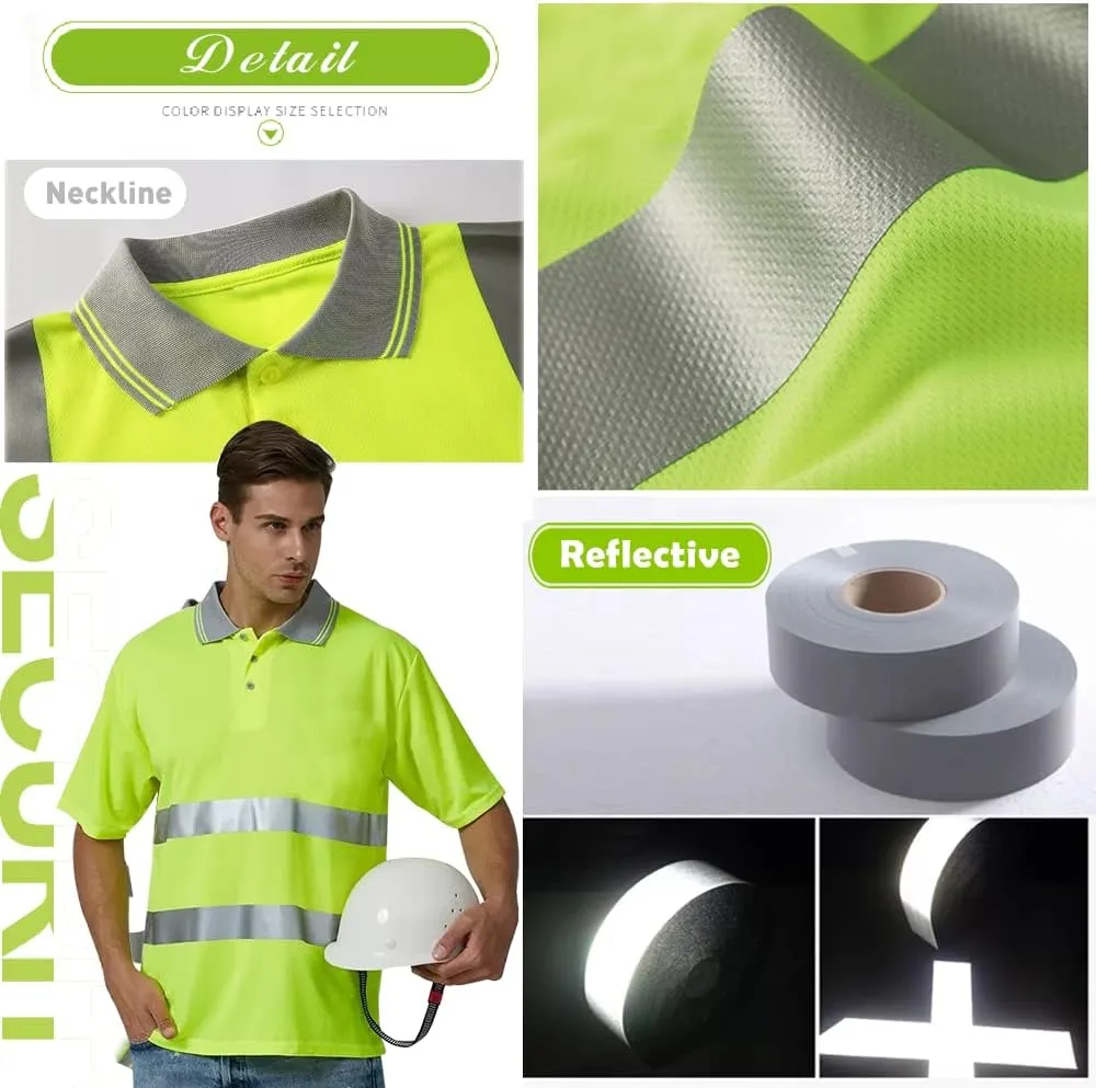 High Visibility Safety Polo Shirt with Reflective Strips Custom Your Logo Hi Vis Short Sleeve Shirt (L, Neon Yellow - Style 4)