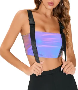 LZLRUN Women's Rainbow Reflective Crop Tops Tank Camis Metallic Holographic Camisole Rave Top Outfit