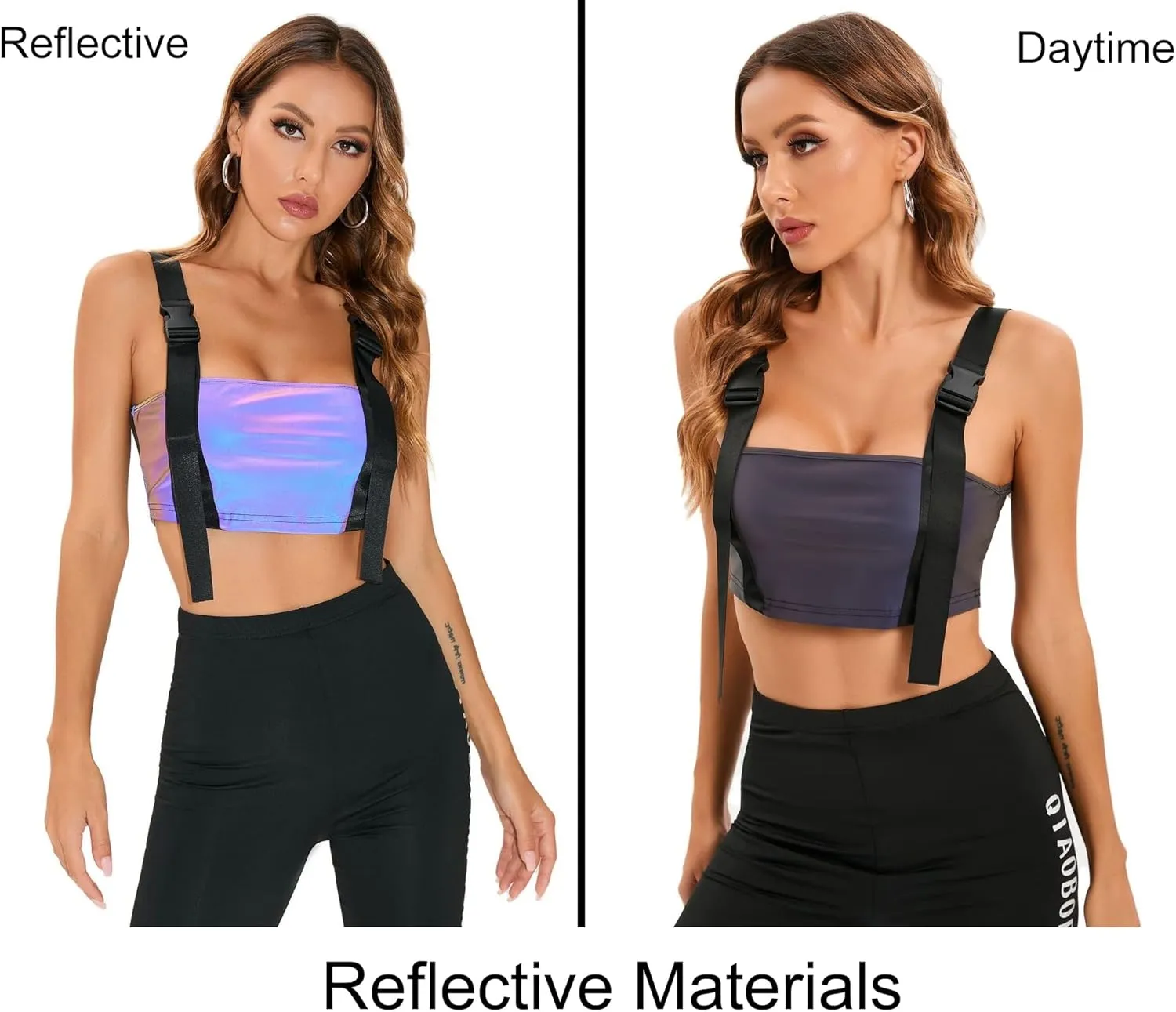 LZLRUN Women's Rainbow Reflective Crop Tops Tank Camis Metallic Holographic Camisole Rave Top Outfit