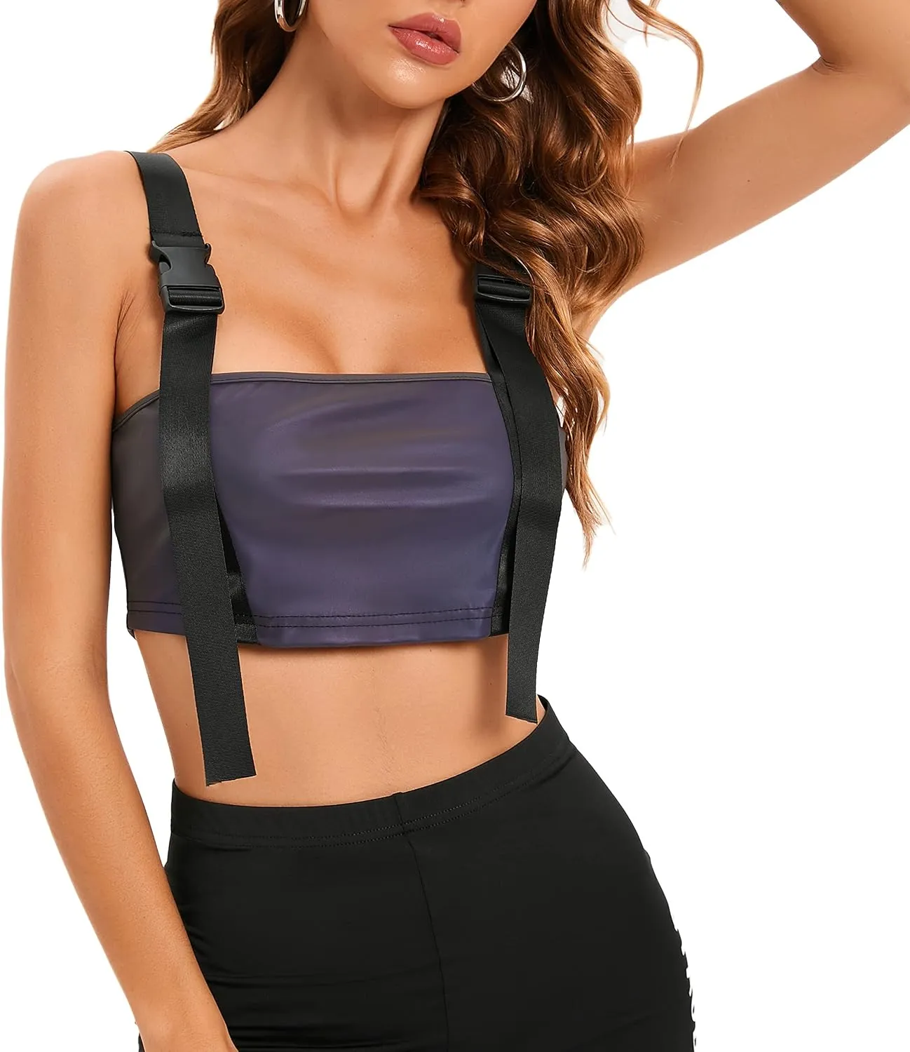 LZLRUN Women's Rainbow Reflective Crop Tops Tank Camis Metallic Holographic Camisole Rave Top Outfit