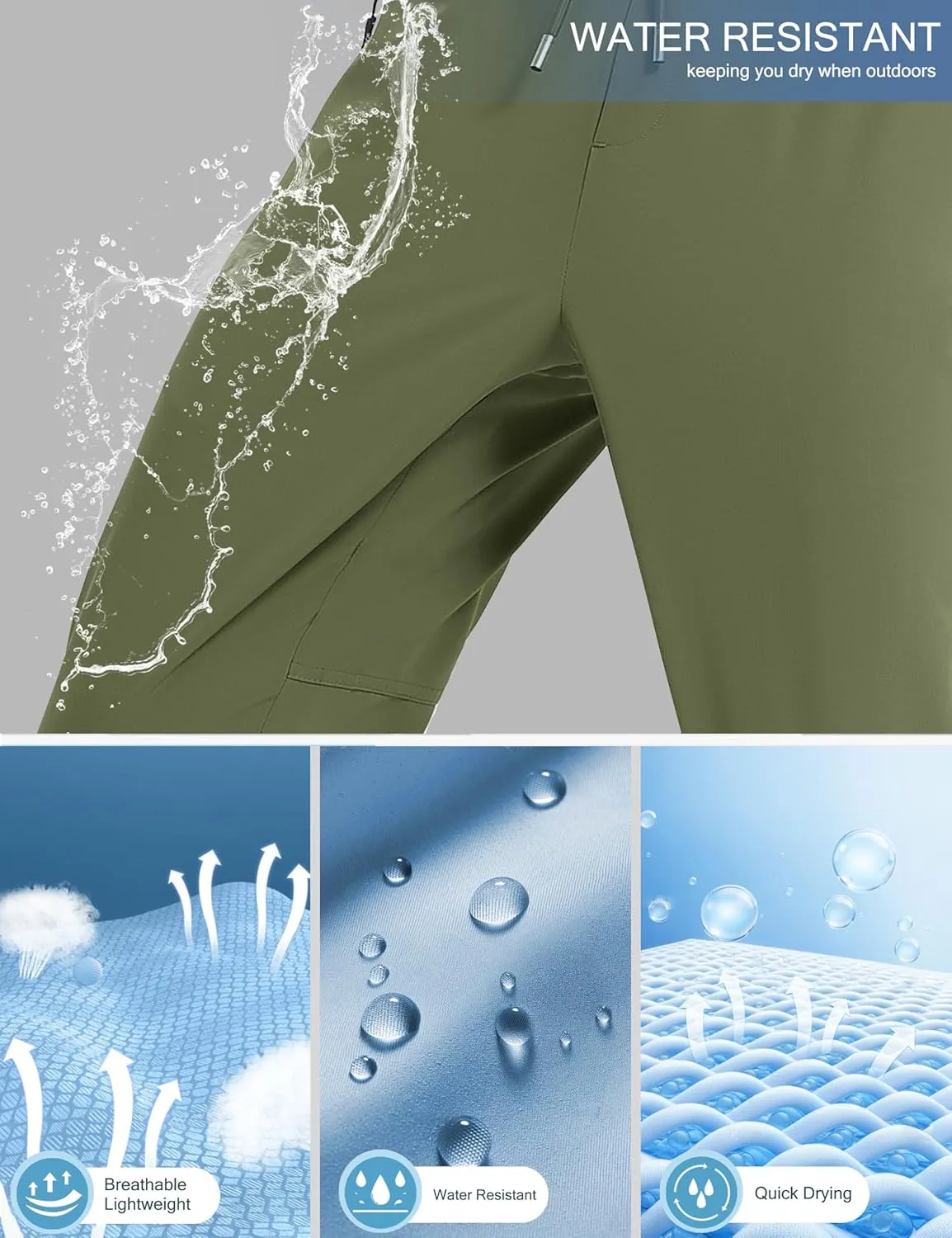 Men's Hiking Pants Lightweight Quick-Drying Waterproof Athletic Joggers Pants with Pockets Walkout Sweatpants