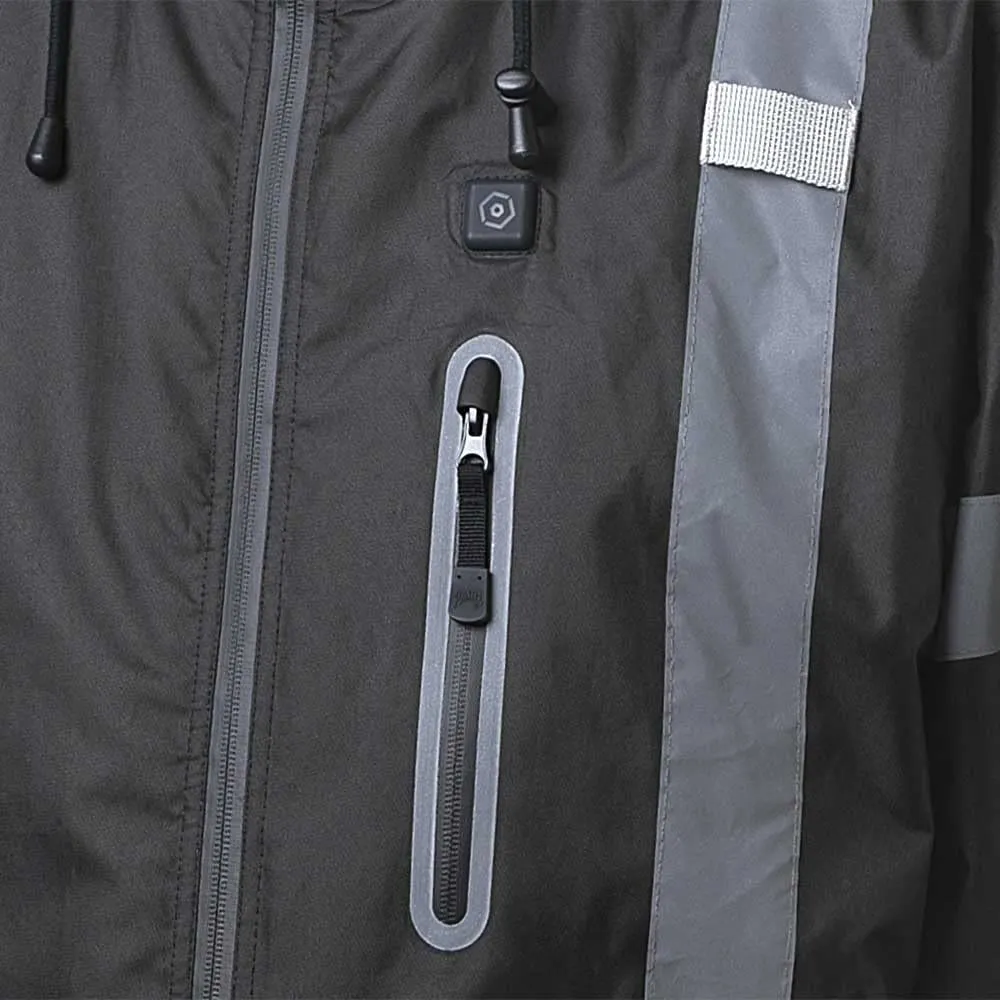 Pioneer Hi Vis Waterproof Heated Safety Bomber Jacket - Class 1 Winter Rain Gear for Men - Reflective Tape - Detachable Hood