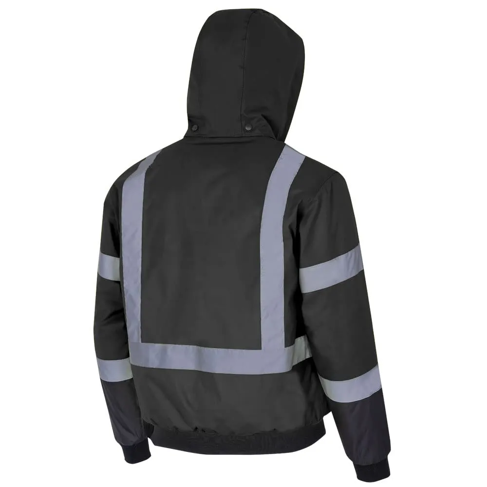 Pioneer Hi Vis Waterproof Heated Safety Bomber Jacket - Class 1 Winter Rain Gear for Men - Reflective Tape - Detachable Hood