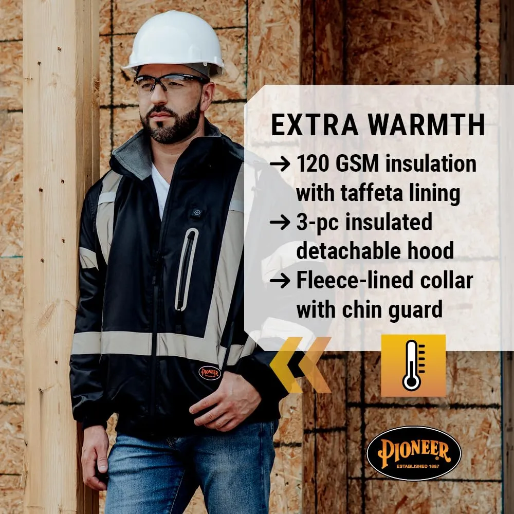 Pioneer Hi Vis Waterproof Heated Safety Bomber Jacket - Class 1 Winter Rain Gear for Men - Reflective Tape - Detachable Hood