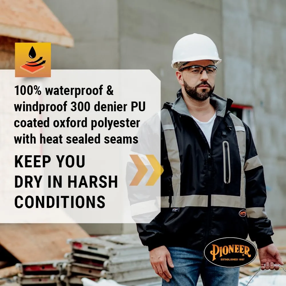 Pioneer Hi Vis Waterproof Heated Safety Bomber Jacket - Class 1 Winter Rain Gear for Men - Reflective Tape - Detachable Hood