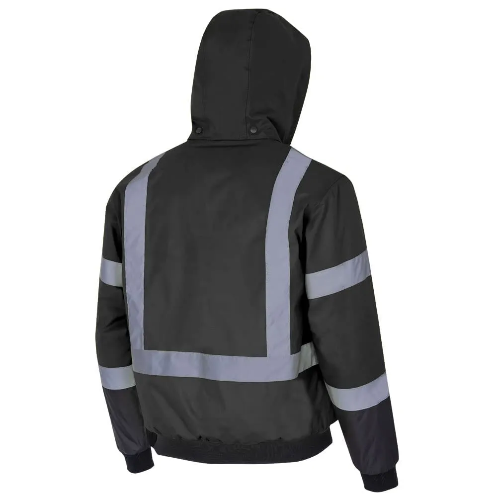 Pioneer Hi Vis Waterproof Heated Safety Bomber Jacket - Class 1 Winter Rain Gear for Men - Reflective Tape - Detachable Hood