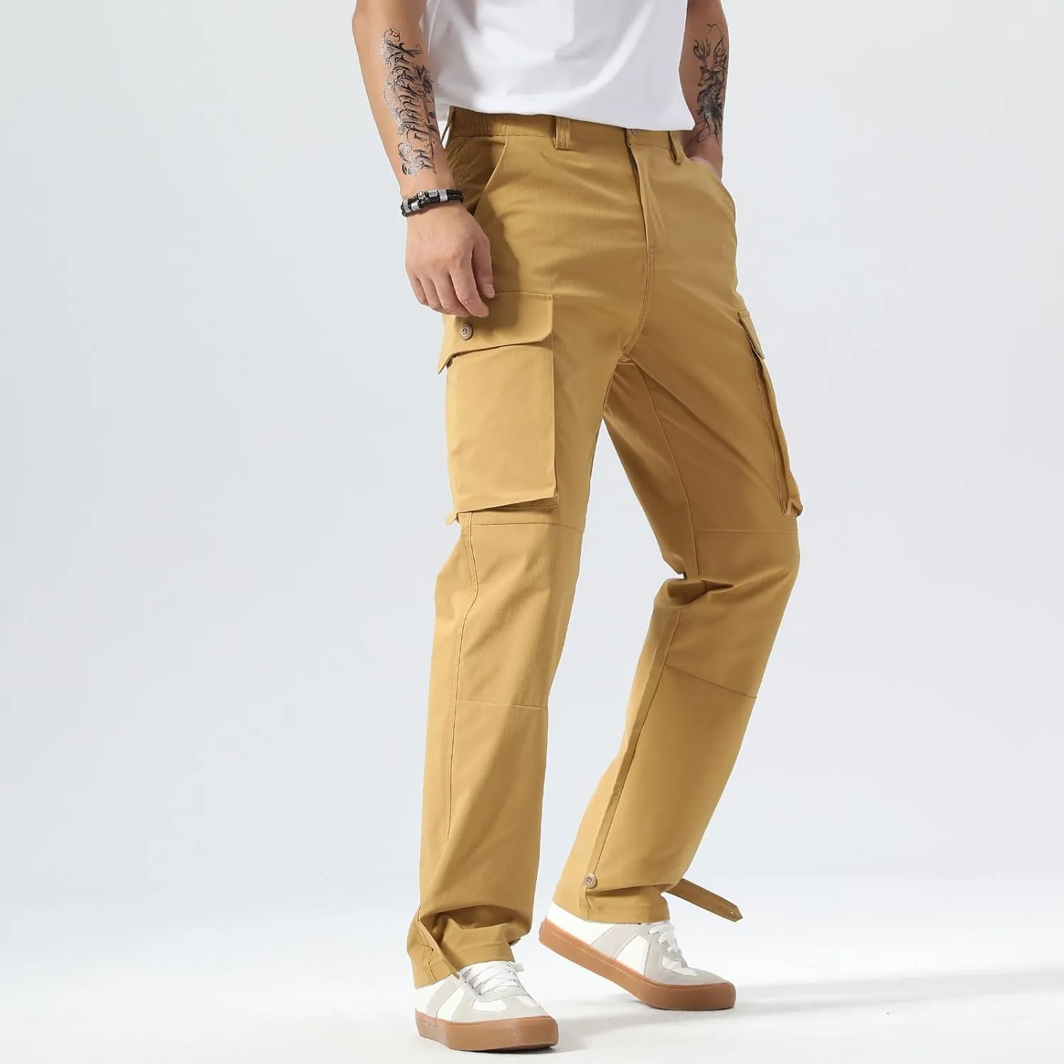 Plaid&Plain Men's Cargo Pants Relaxed Fit with Buttoned Ankle Cuffs and Water Resistant