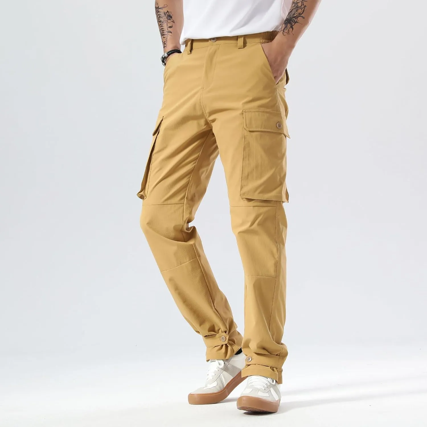 Plaid&Plain Men's Cargo Pants Relaxed Fit with Buttoned Ankle Cuffs and Water Resistant