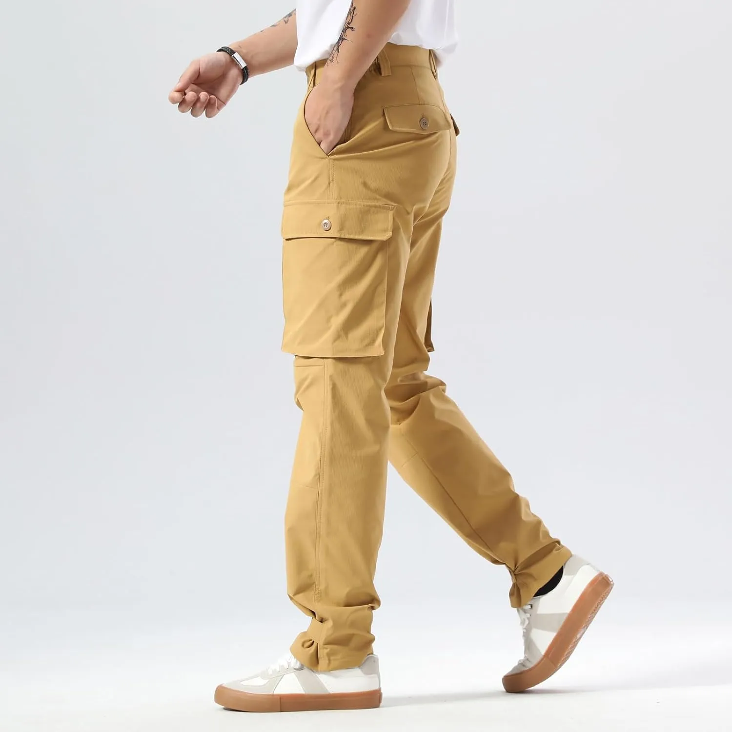 Plaid&Plain Men's Cargo Pants Relaxed Fit with Buttoned Ankle Cuffs and Water Resistant