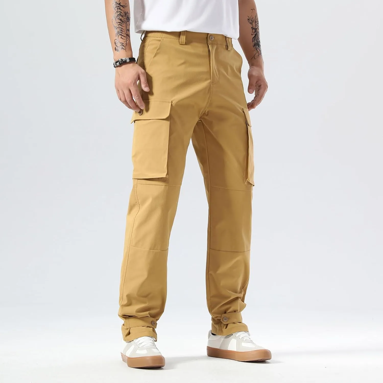 Plaid&Plain Men's Cargo Pants Relaxed Fit with Buttoned Ankle Cuffs and Water Resistant