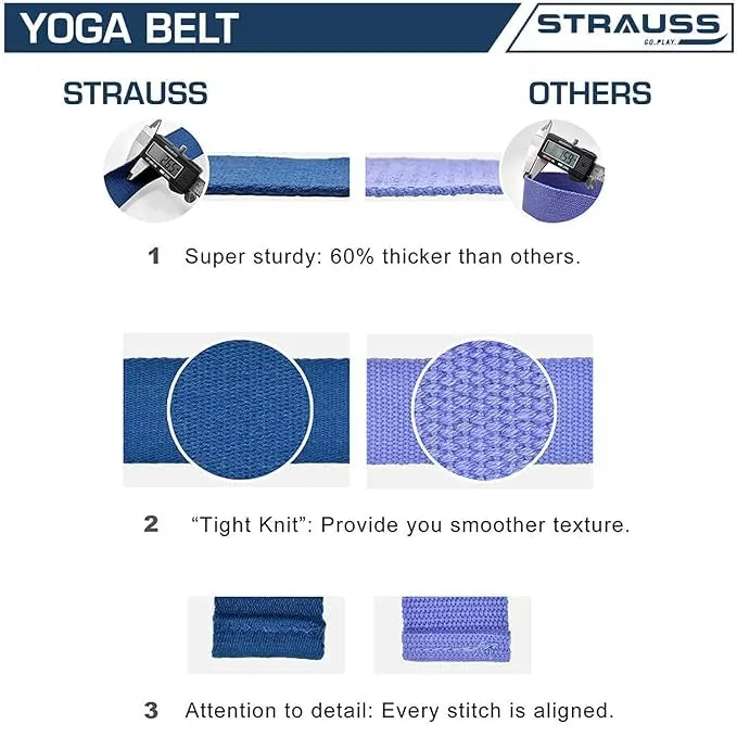 Strauss Yoga Strap & Stretching Belt | Ideal for Yoga, Pilates, Therapy, Dance, Gymnastics & Flexibility | 60% Thicker Belt with Extra Safe Adjustable Metal D-Ring Buckle | 8 feet (Blue) | Pack of 5
