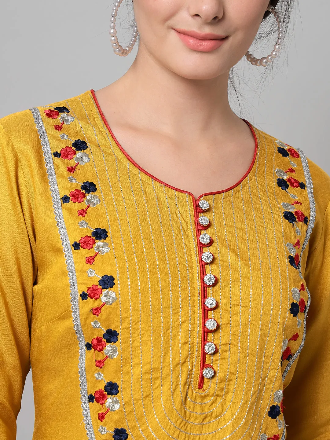 Women Mustard Rayon Embroidered Kurta Trouser Set With Dupatta