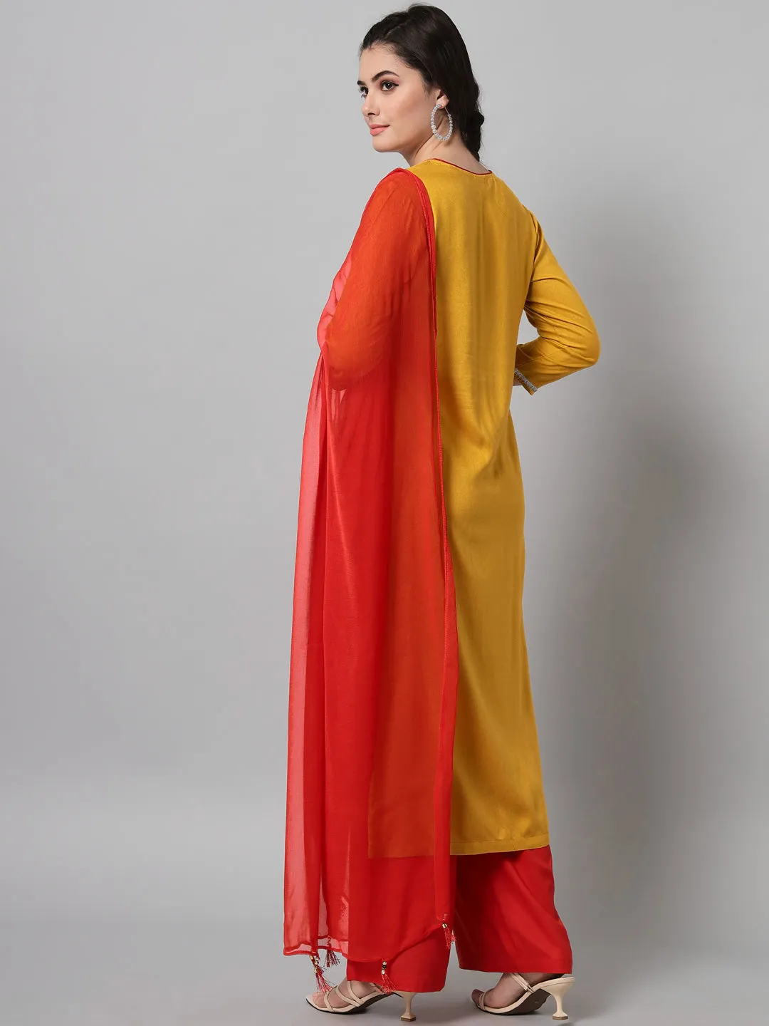 Women Mustard Rayon Embroidered Kurta Trouser Set With Dupatta