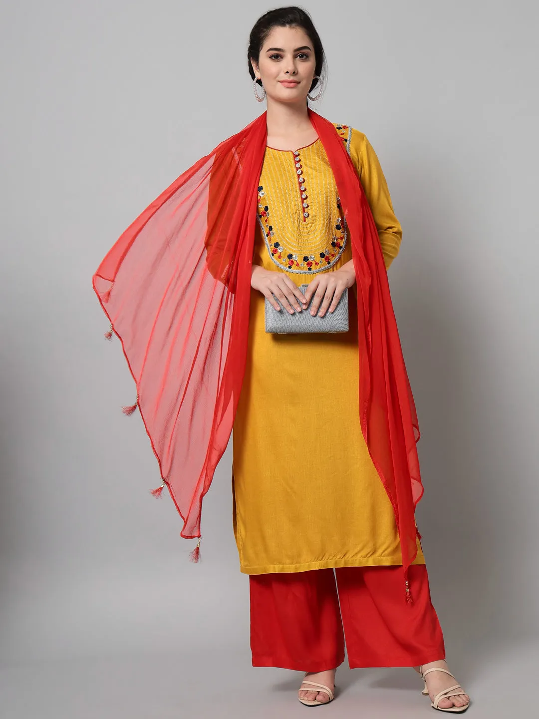 Women Mustard Rayon Embroidered Kurta Trouser Set With Dupatta
