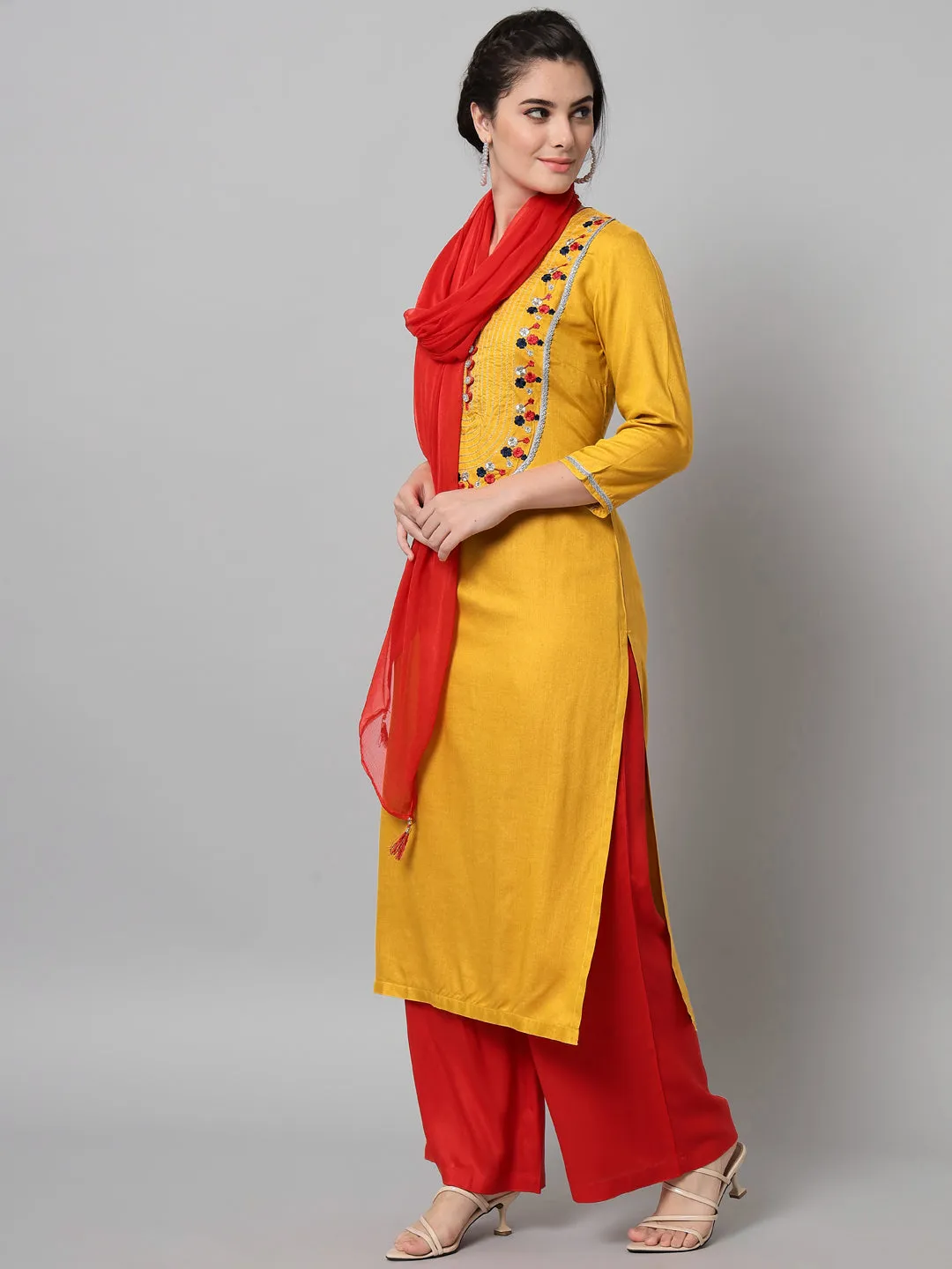 Women Mustard Rayon Embroidered Kurta Trouser Set With Dupatta