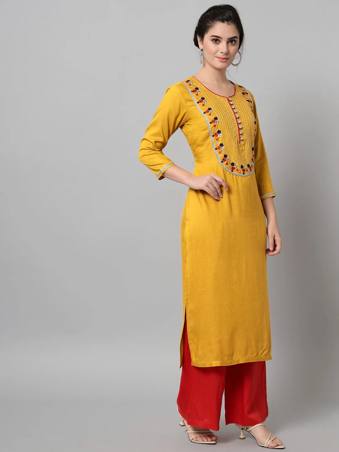 Women Mustard Rayon Embroidered Kurta Trouser Set With Dupatta