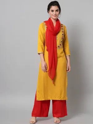 Women Mustard Rayon Embroidered Kurta Trouser Set With Dupatta