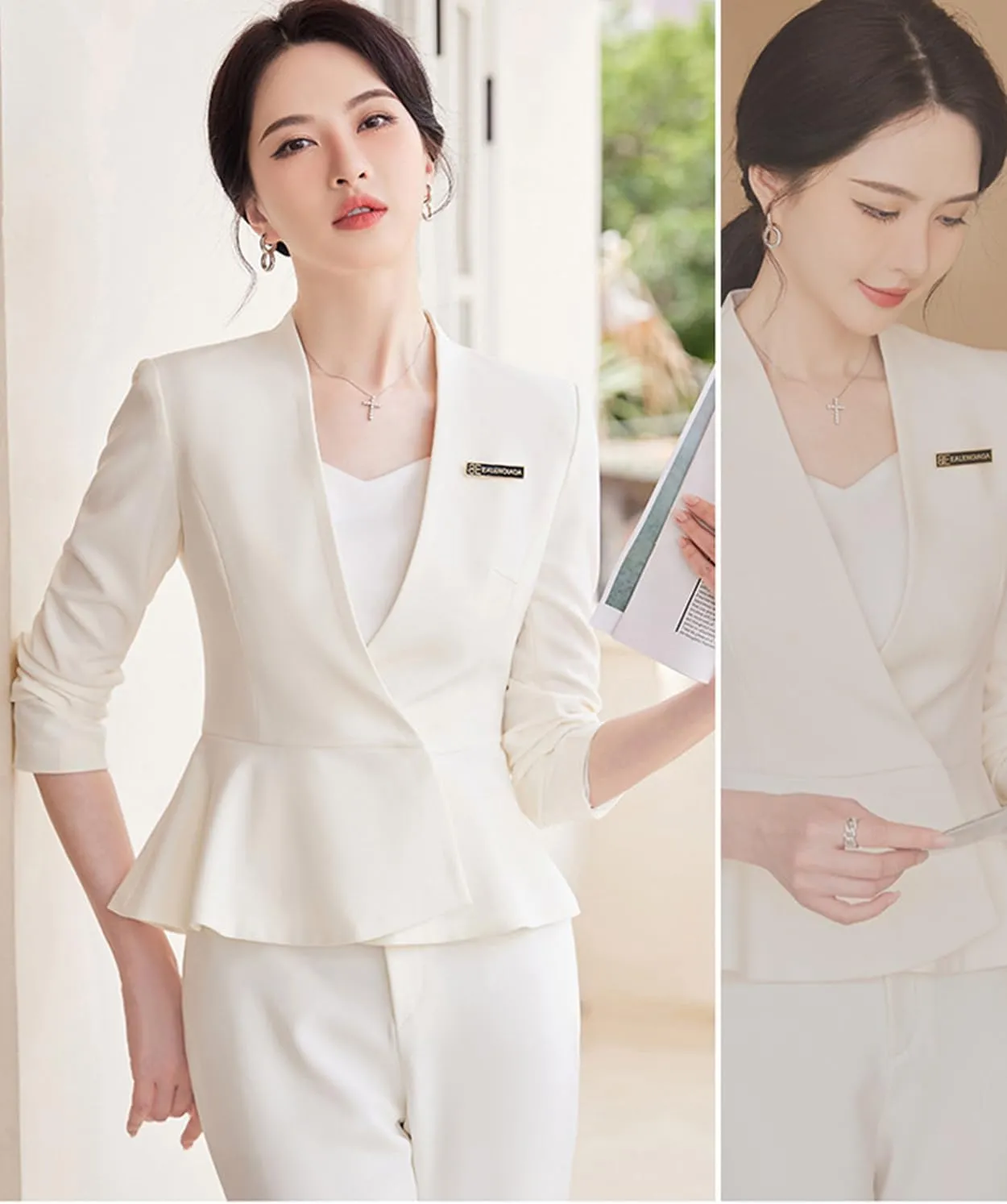 Women's 2-Piece Office Lady Business Suit Set Slim Fit Peplum Jacket & Pants