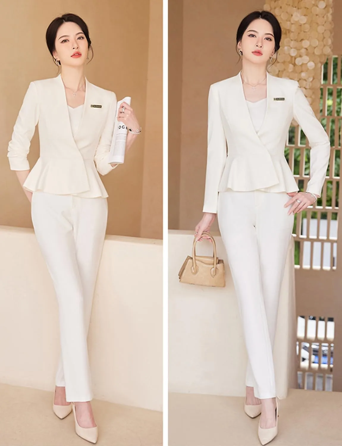 Women's 2-Piece Office Lady Business Suit Set Slim Fit Peplum Jacket & Pants