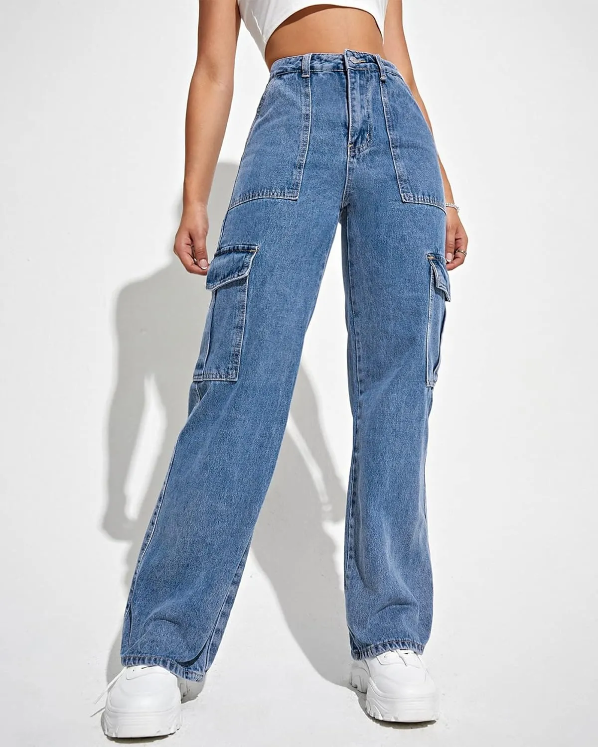 Women's Cargo Pants High Waisted Baggy Cargo Jeans Straight Leg Y2K Streetwear Trousers with 6 Pockets