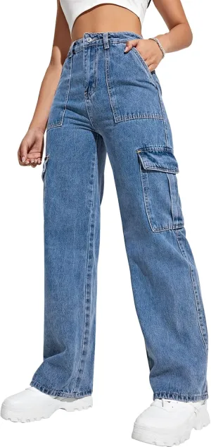 Women's Cargo Pants High Waisted Baggy Cargo Jeans Straight Leg Y2K Streetwear Trousers with 6 Pockets