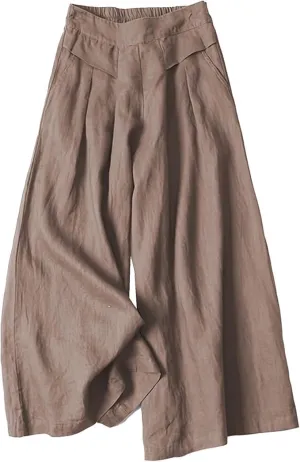 Women's Drawstring Elastic Waist Linen Blend Pants Loose Fit Palazzo Pants Beach Wide Leg Trouser with Pockets