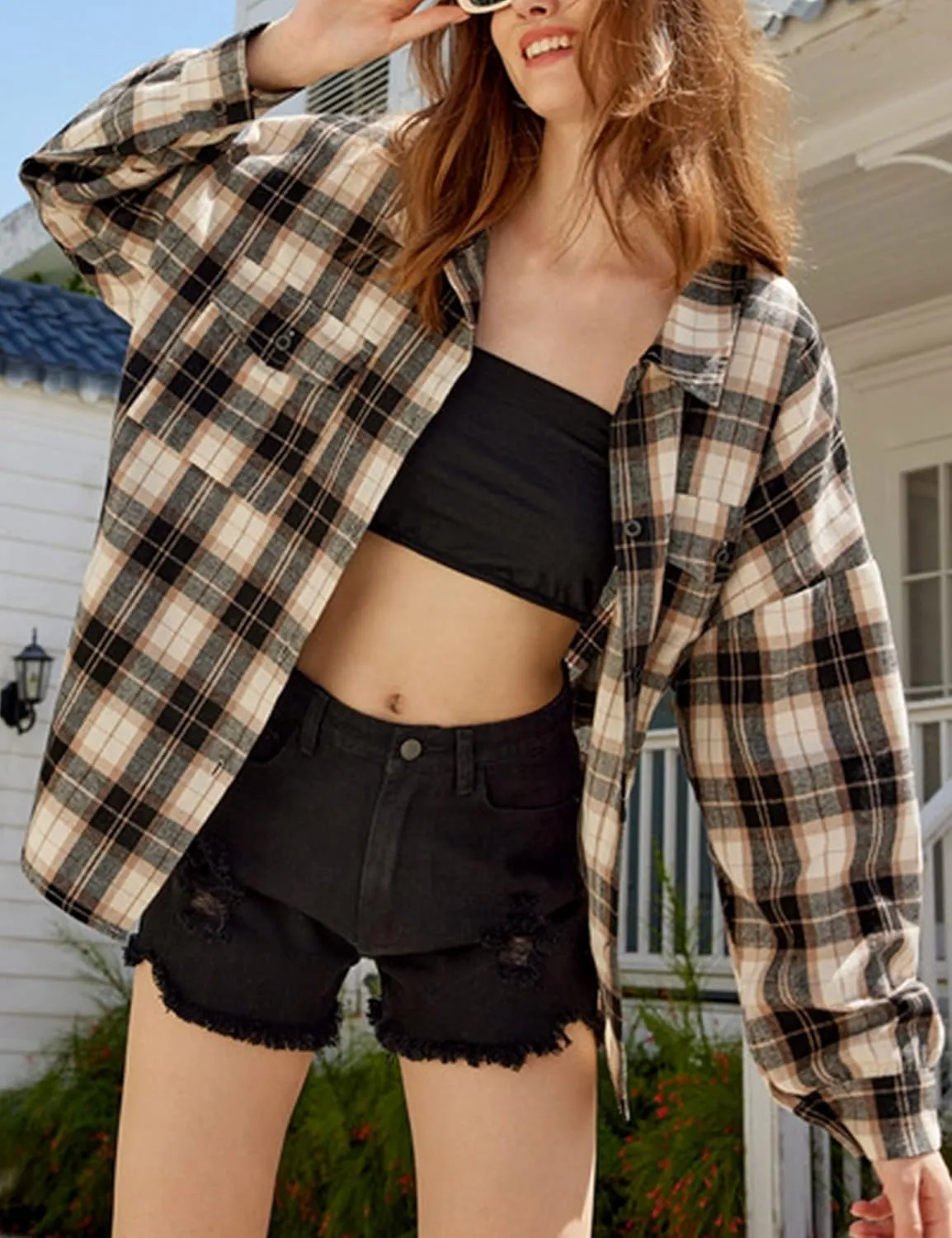 Zontroldy Plaid Flannel Shirts for Women Oversized Long Sleeve Button Down Buffalo Plaid Shirt Blouse Tops