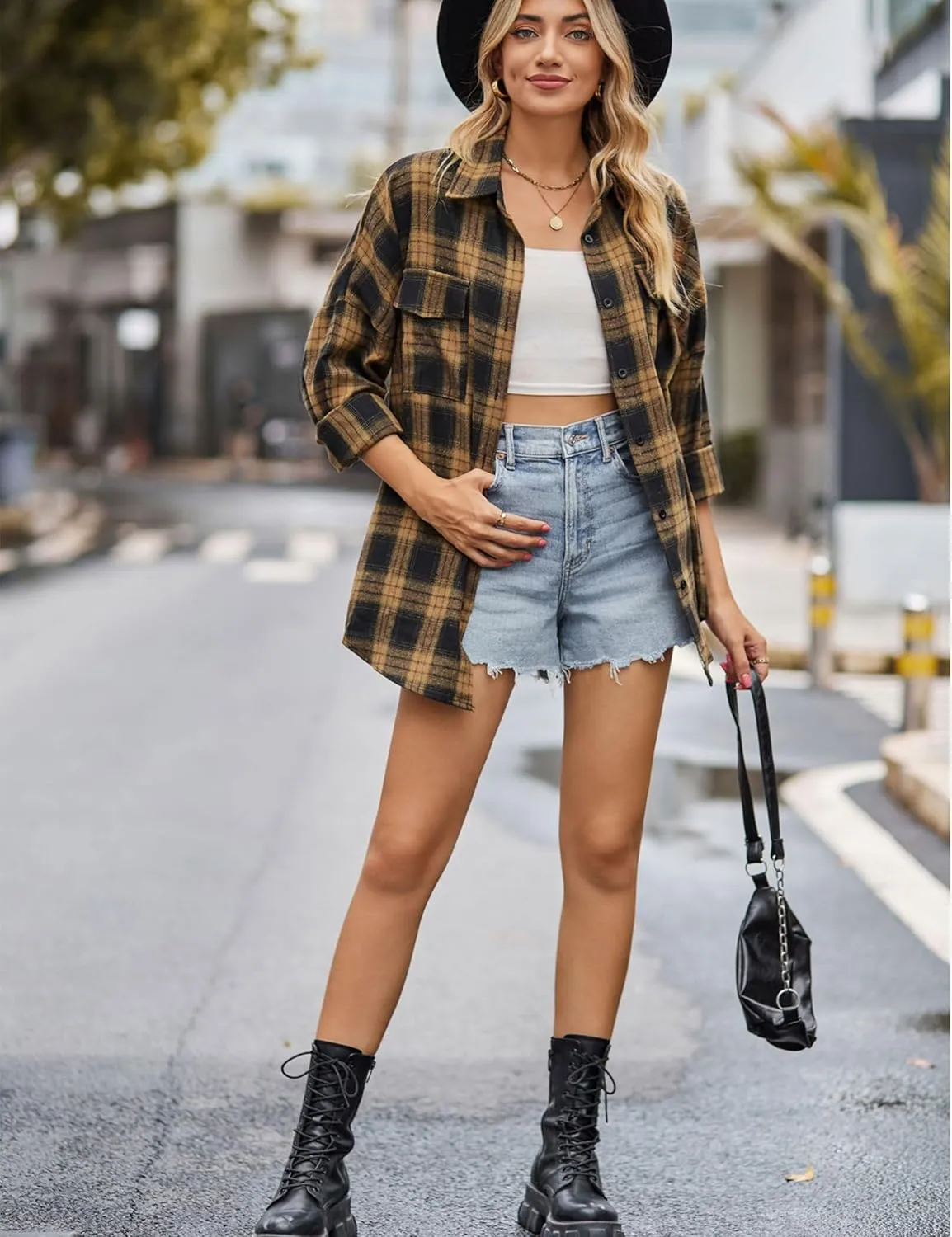 Zontroldy Womens Flannel Plaid Shirts Oversized Lightweight Buffalo Plaid Button Down Shirt Blouse Tops