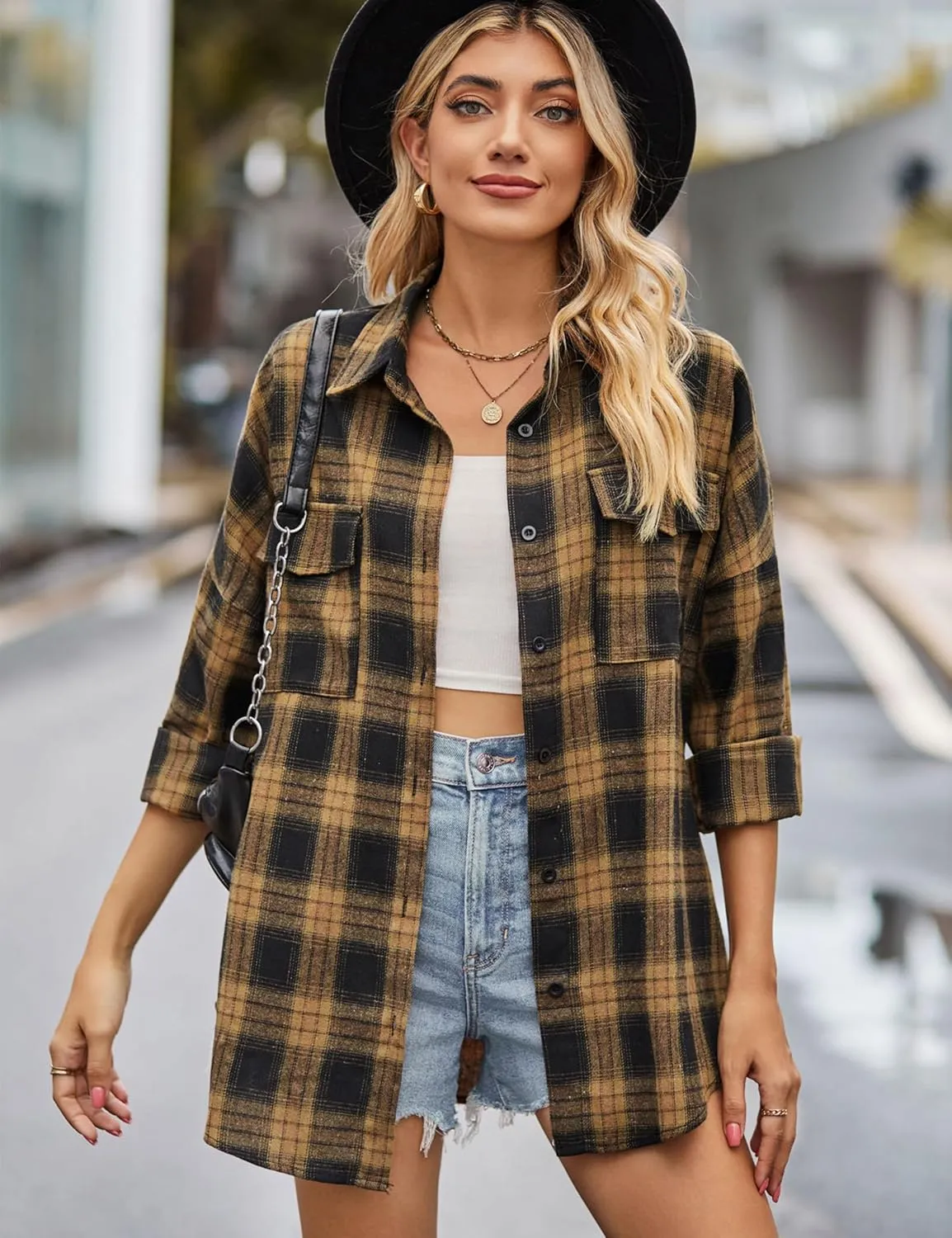 Zontroldy Womens Flannel Plaid Shirts Oversized Lightweight Buffalo Plaid Button Down Shirt Blouse Tops