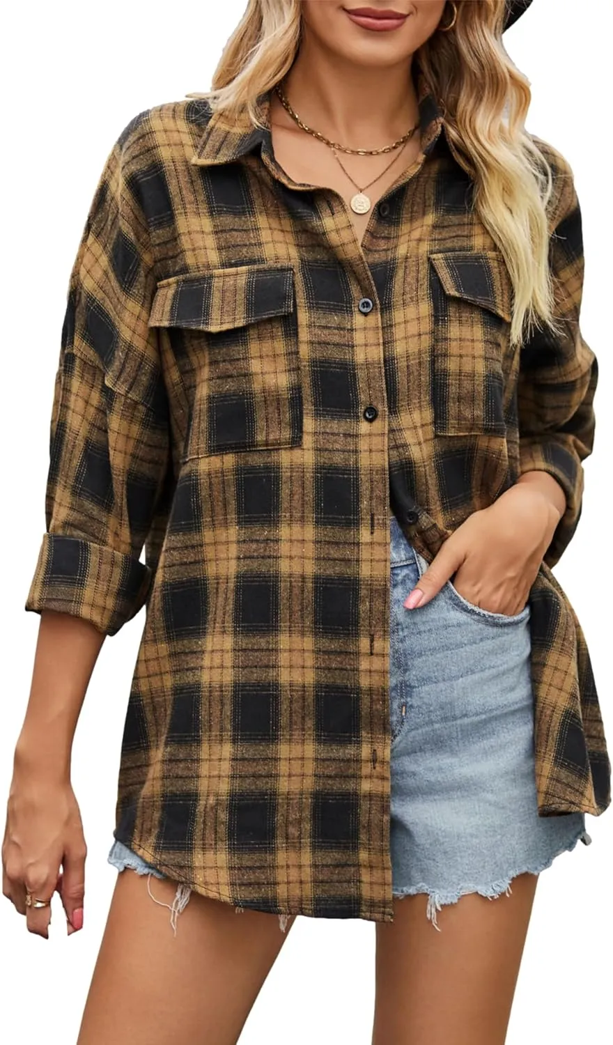 Zontroldy Womens Flannel Plaid Shirts Oversized Lightweight Buffalo Plaid Button Down Shirt Blouse Tops