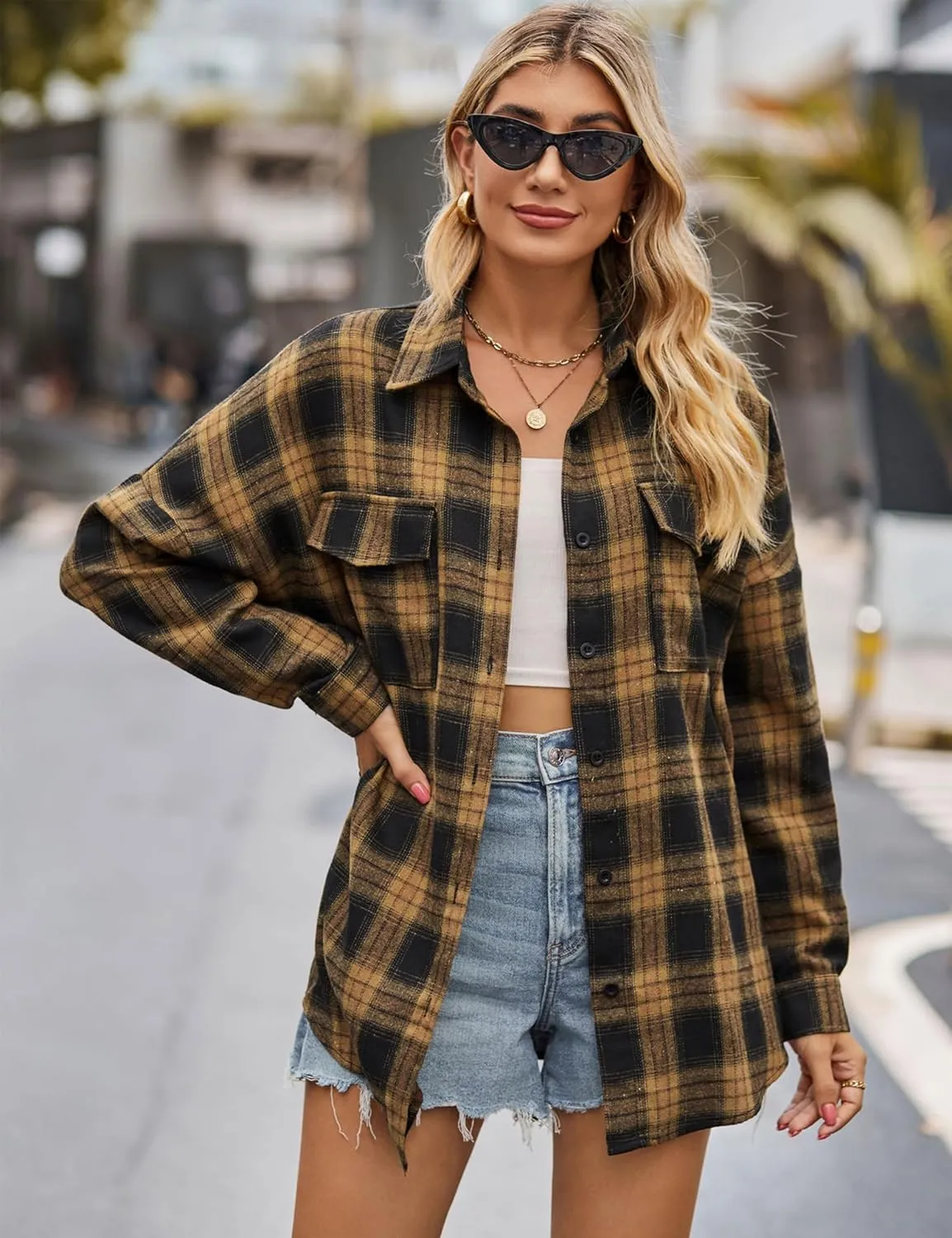 Zontroldy Womens Flannel Plaid Shirts Oversized Lightweight Buffalo Plaid Button Down Shirt Blouse Tops