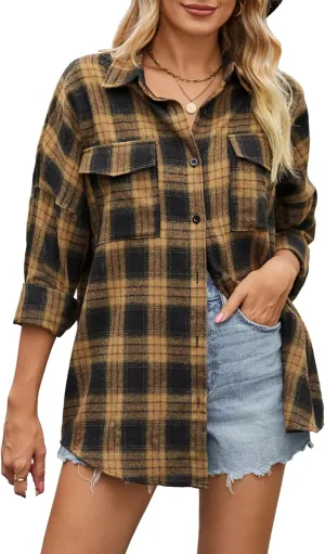 Zontroldy Womens Flannel Plaid Shirts Oversized Lightweight Buffalo Plaid Button Down Shirt Blouse Tops